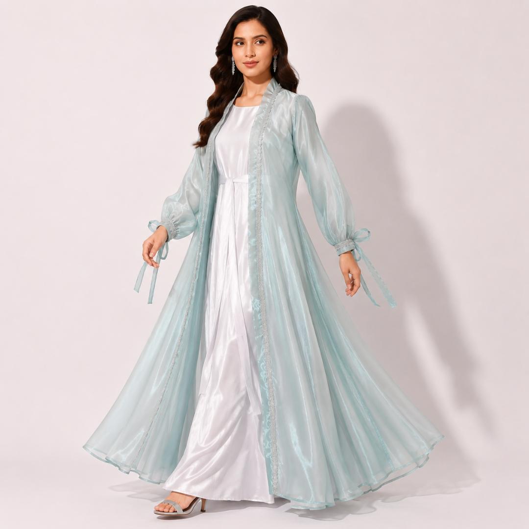 Mint Blue Organza Abaya Set for Women | Open Coat Modest Party Wear