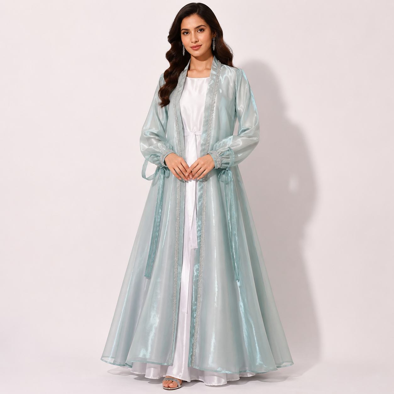 Mint Blue Organza Abaya Set for Women | Open Coat Modest Party Wear