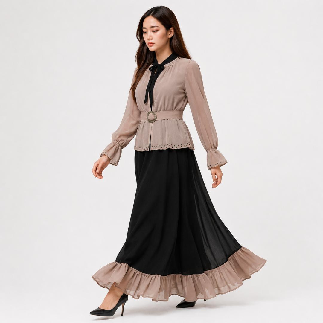 Mocha Beige & Midnight Black Layered Maxi Dress