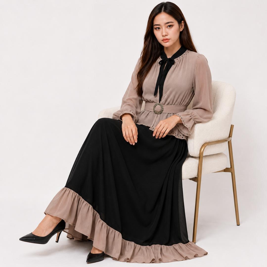 Mocha Beige & Midnight Black Layered Maxi Dress
