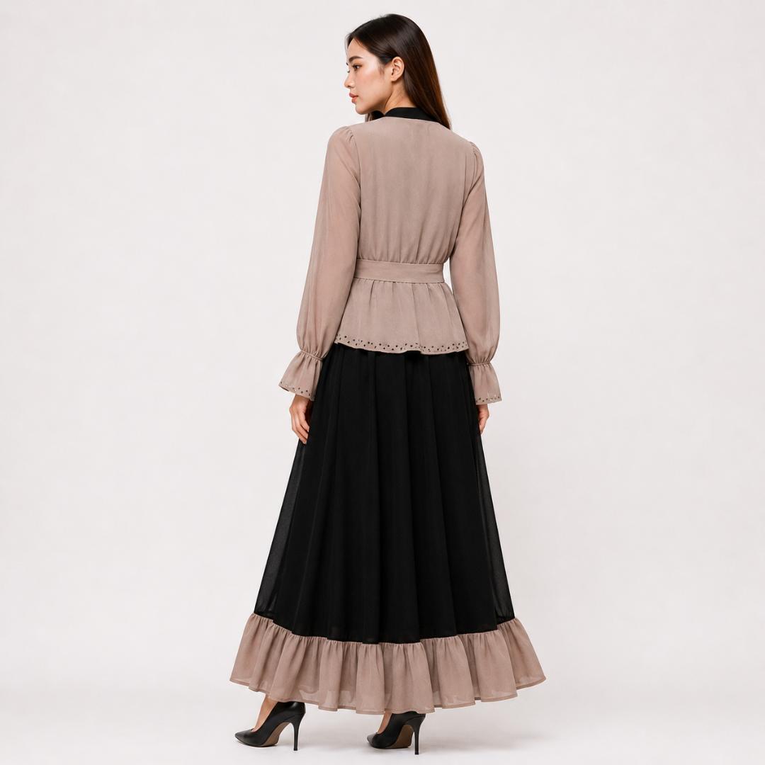 Mocha Beige & Midnight Black Layered Maxi Dress