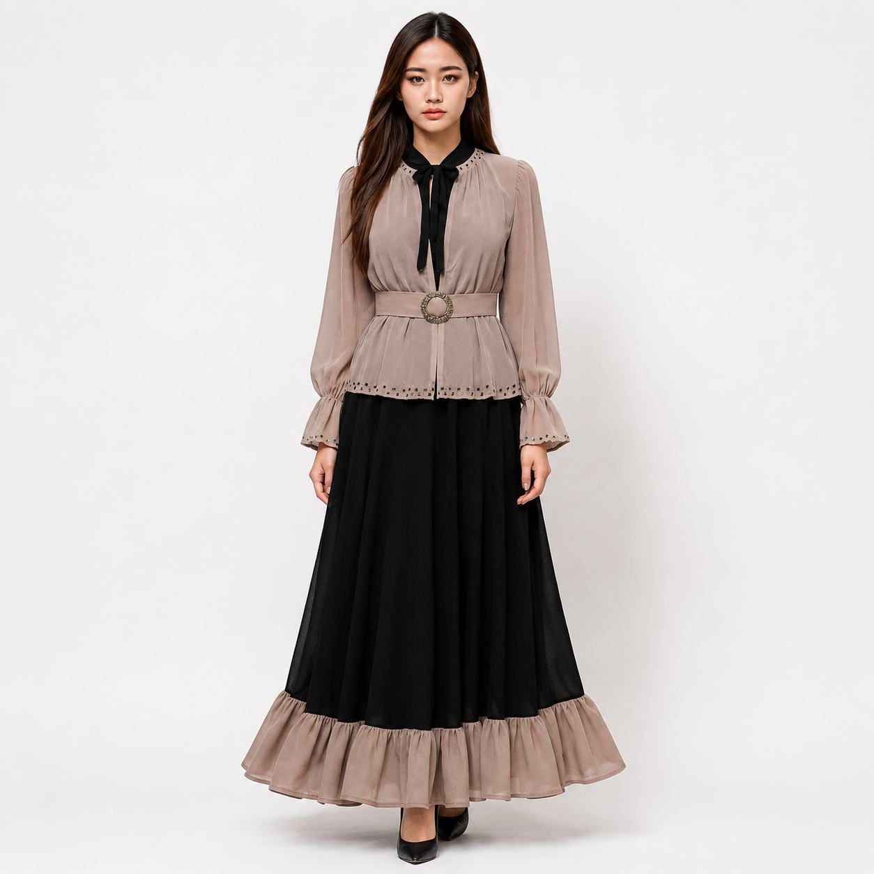 Mocha Beige & Midnight Black Layered Maxi Dress