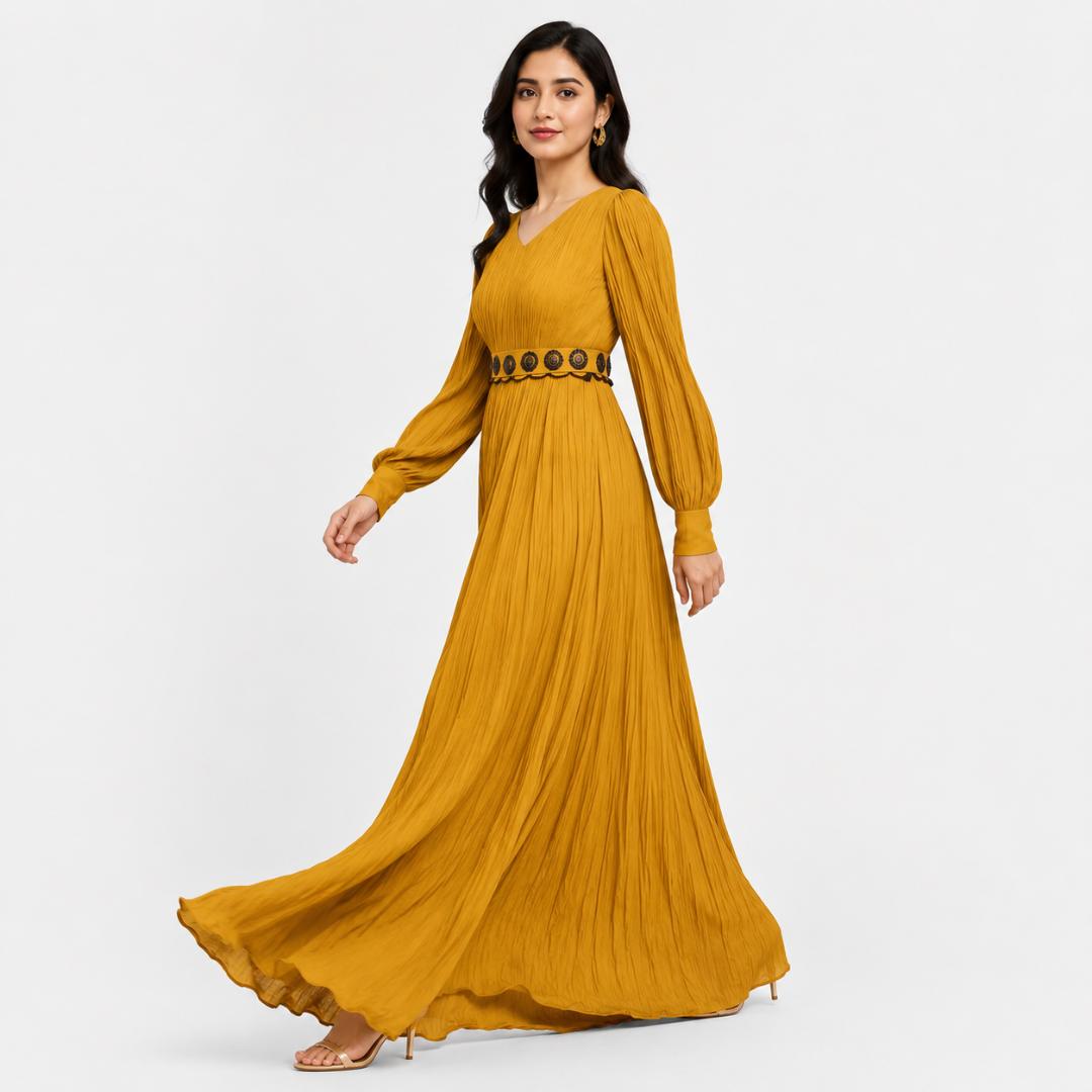 Mustard Gold Pleated Maxi Dress  with Embellished Waist Belt