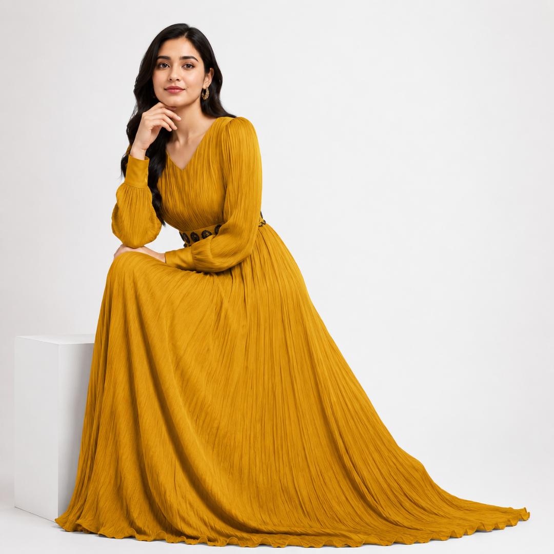 Mustard Gold Pleated Maxi Dress  with Embellished Waist Belt