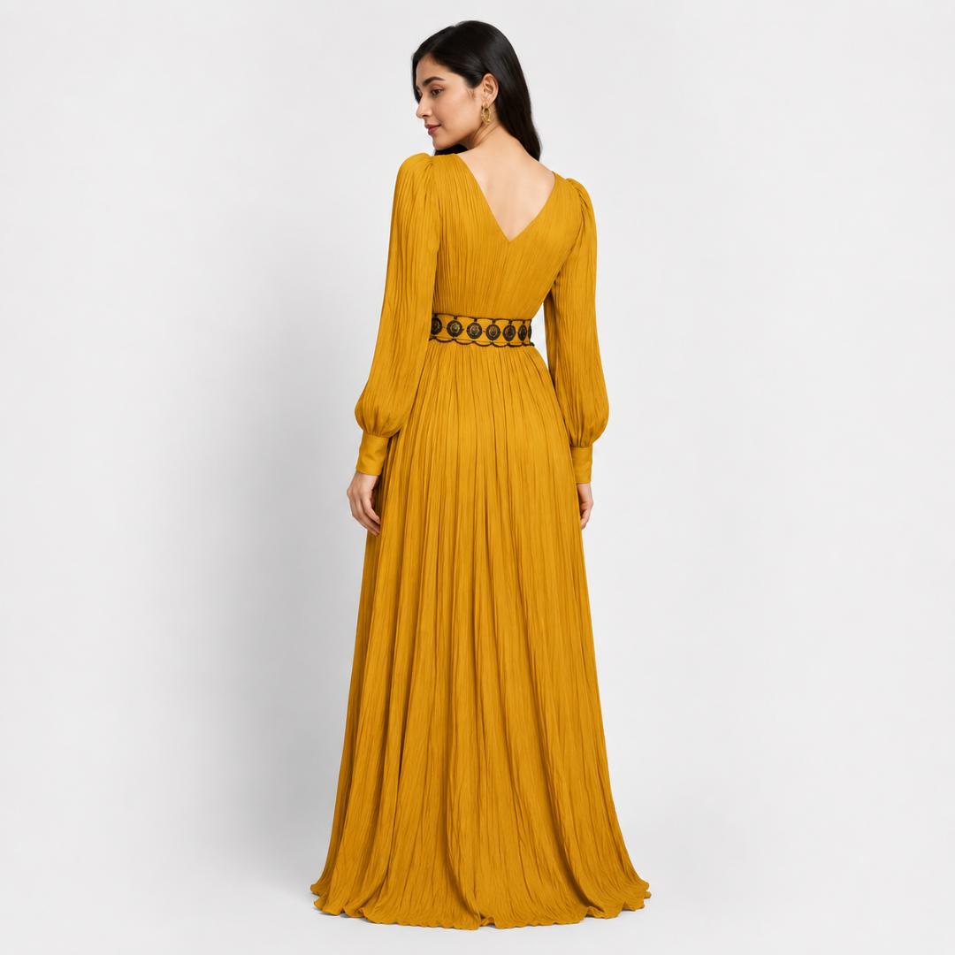 Mustard Gold Pleated Maxi Dress  with Embellished Waist Belt