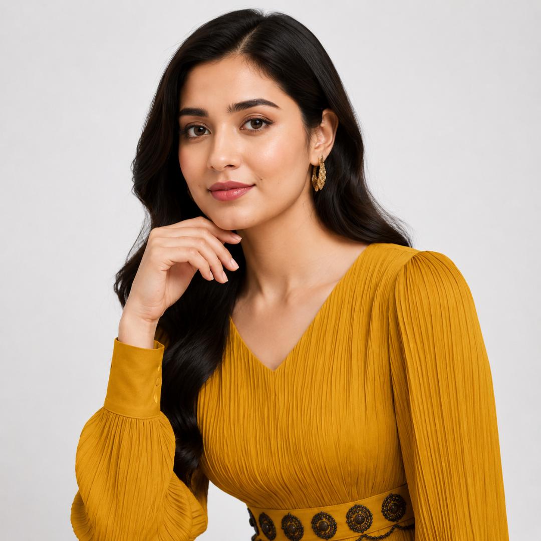 Mustard Gold Pleated Maxi Dress  with Embellished Waist Belt