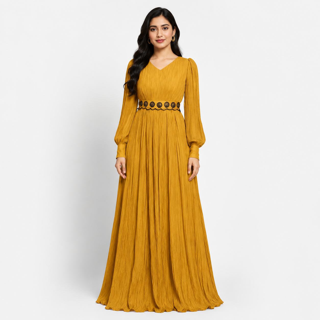 Mustard Gold Pleated Maxi Dress  with Embellished Waist Belt