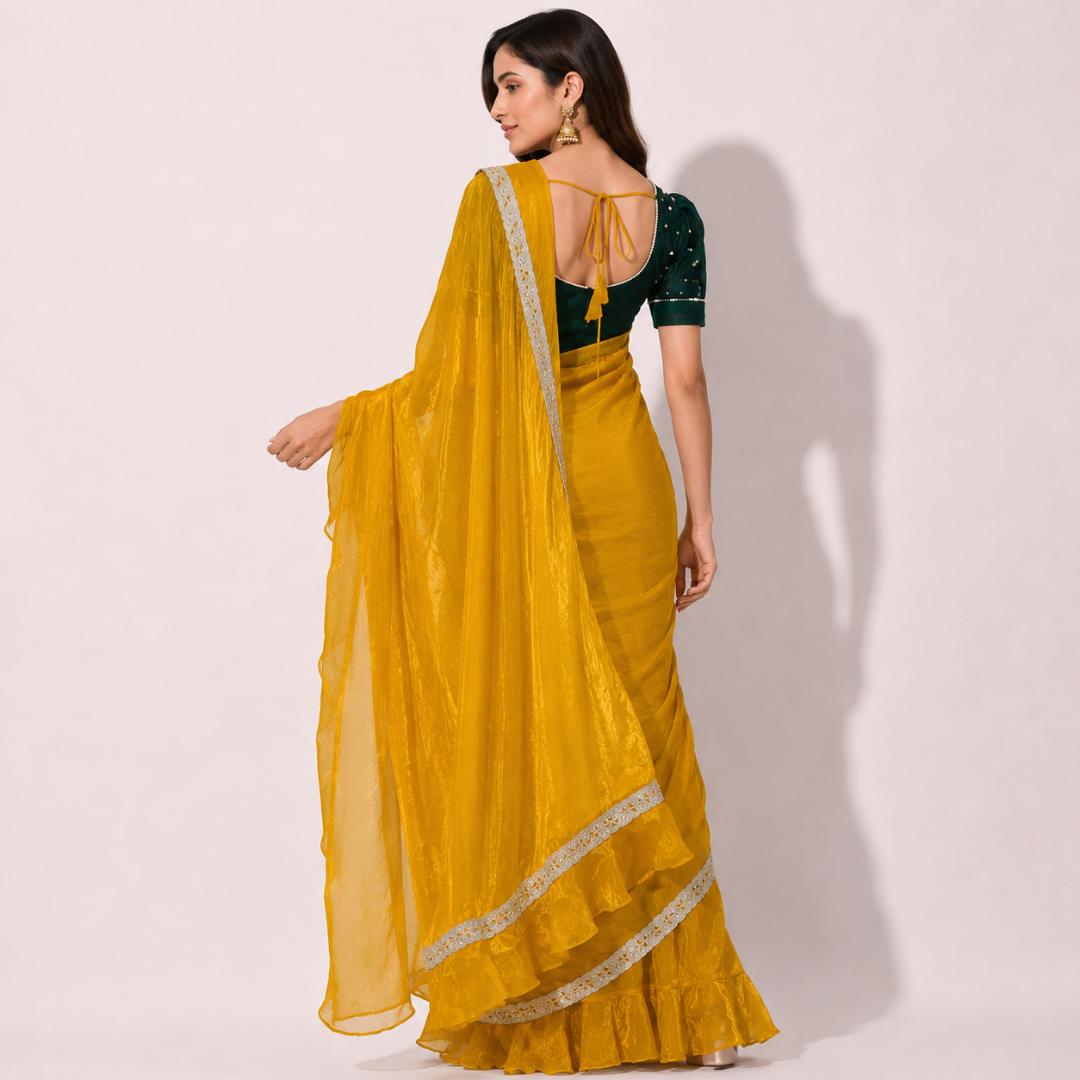 Mustard Yellow Ruffle Saree | Ready to Wear Saree with Green Blouse