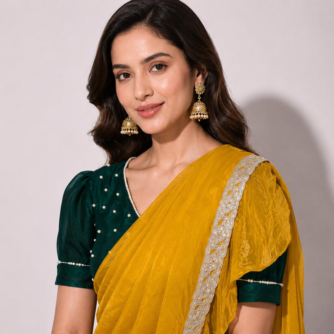 Mustard Yellow Ruffle Saree | Ready to Wear Saree with Green Blouse