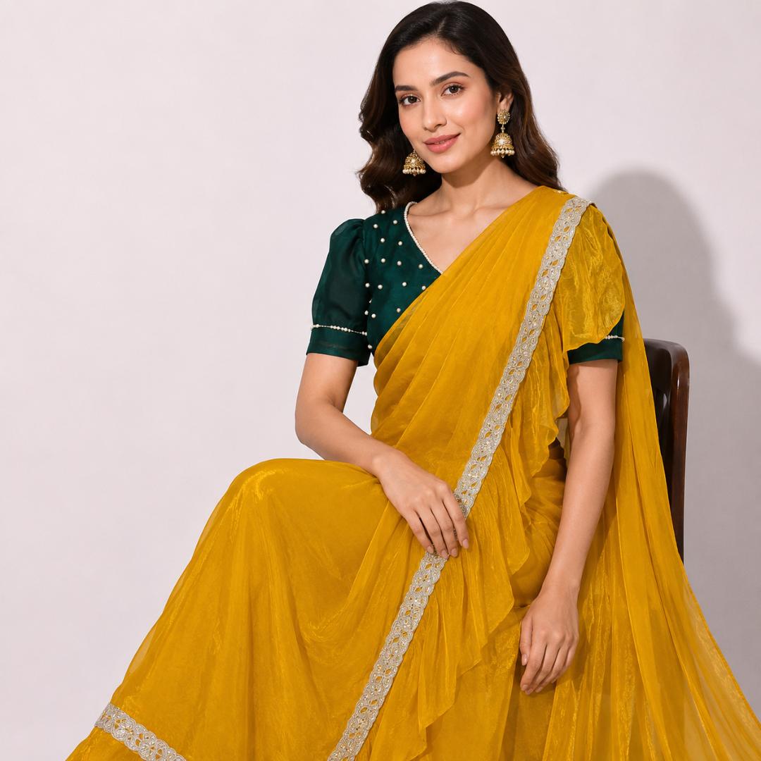 Mustard Yellow Ruffle Saree | Ready to Wear Saree with Green Blouse