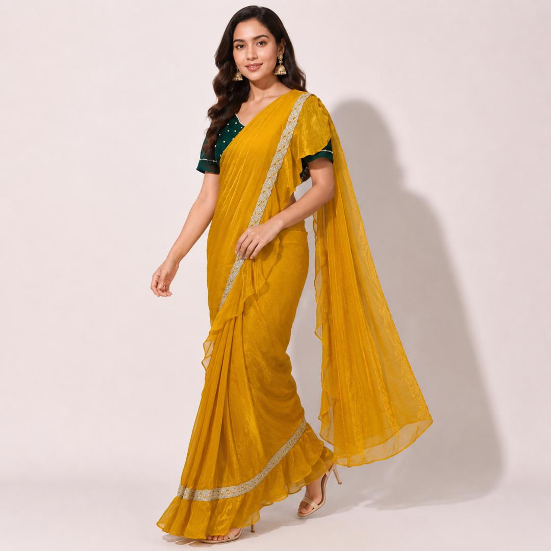 Mustard Yellow Ruffle Saree | Ready to Wear Saree with Green Blouse