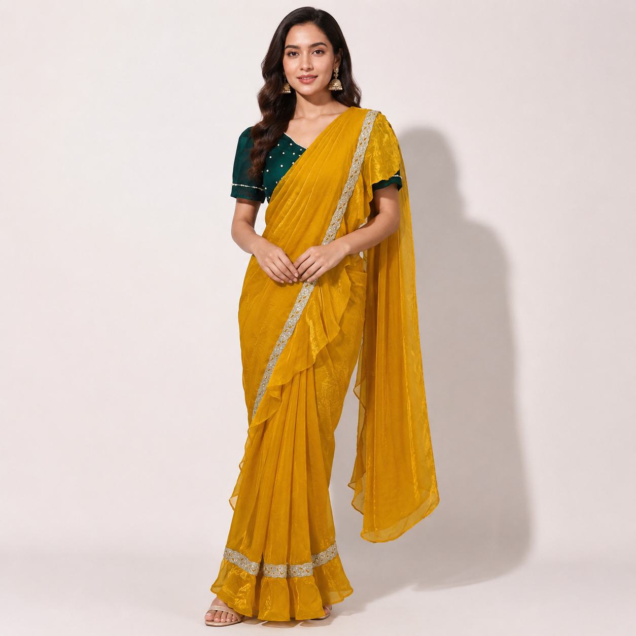 Mustard Yellow Ruffle Saree | Ready to Wear Saree with Green Blouse