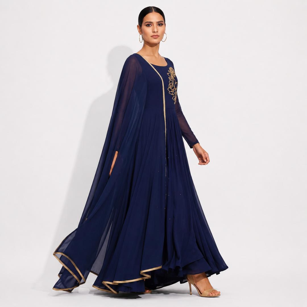 Navy Blue Embroidered Cape Style Elegant Maxi Gown