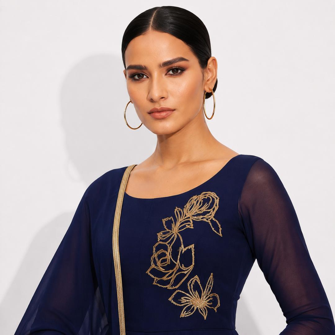 Navy Blue Embroidered Cape Style Elegant Maxi Gown
