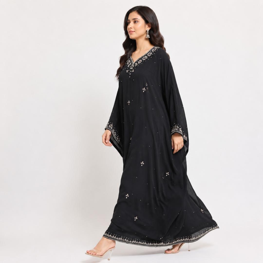 Noir Pearl Embellished Kaftan Gown