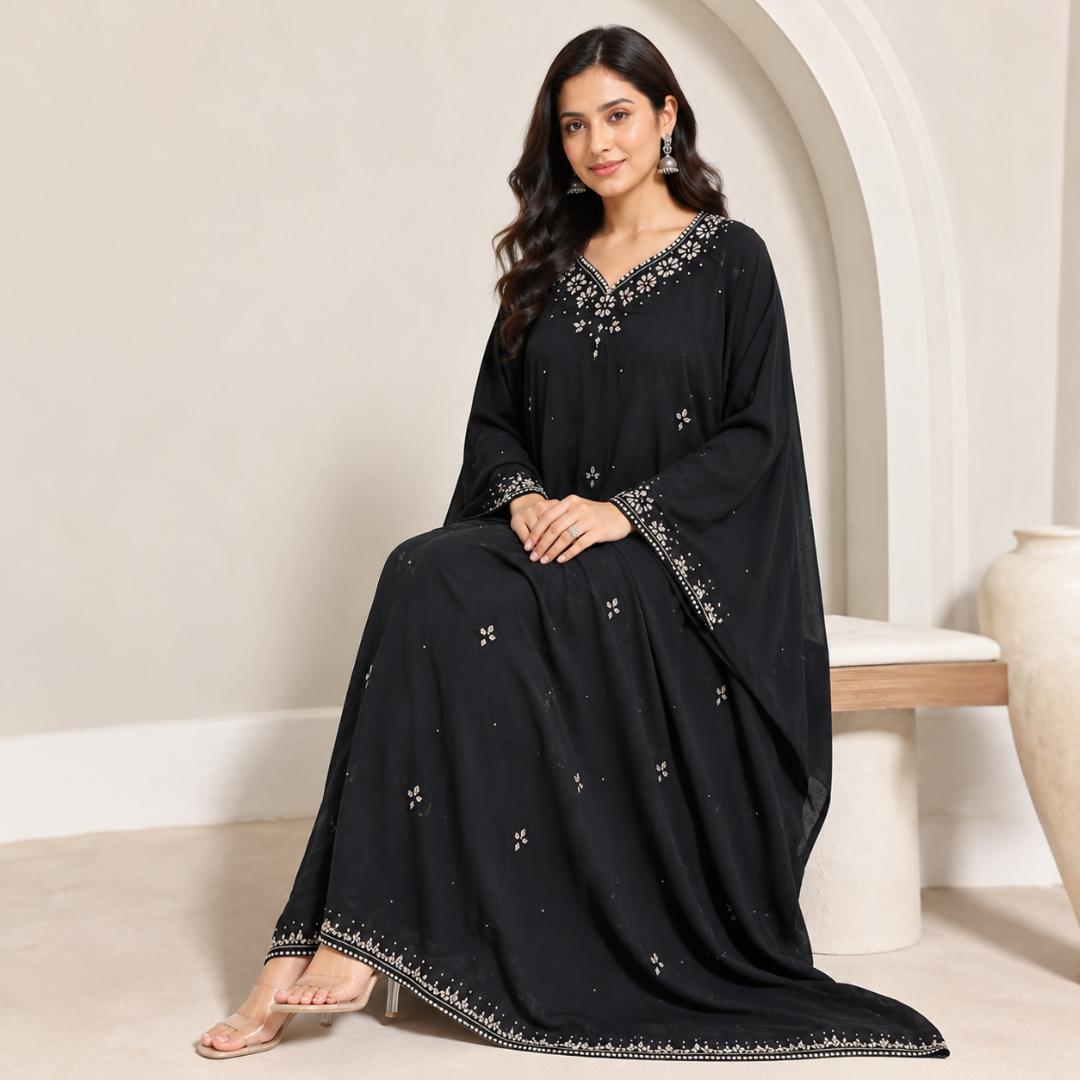 Noir Pearl Embellished Kaftan Gown