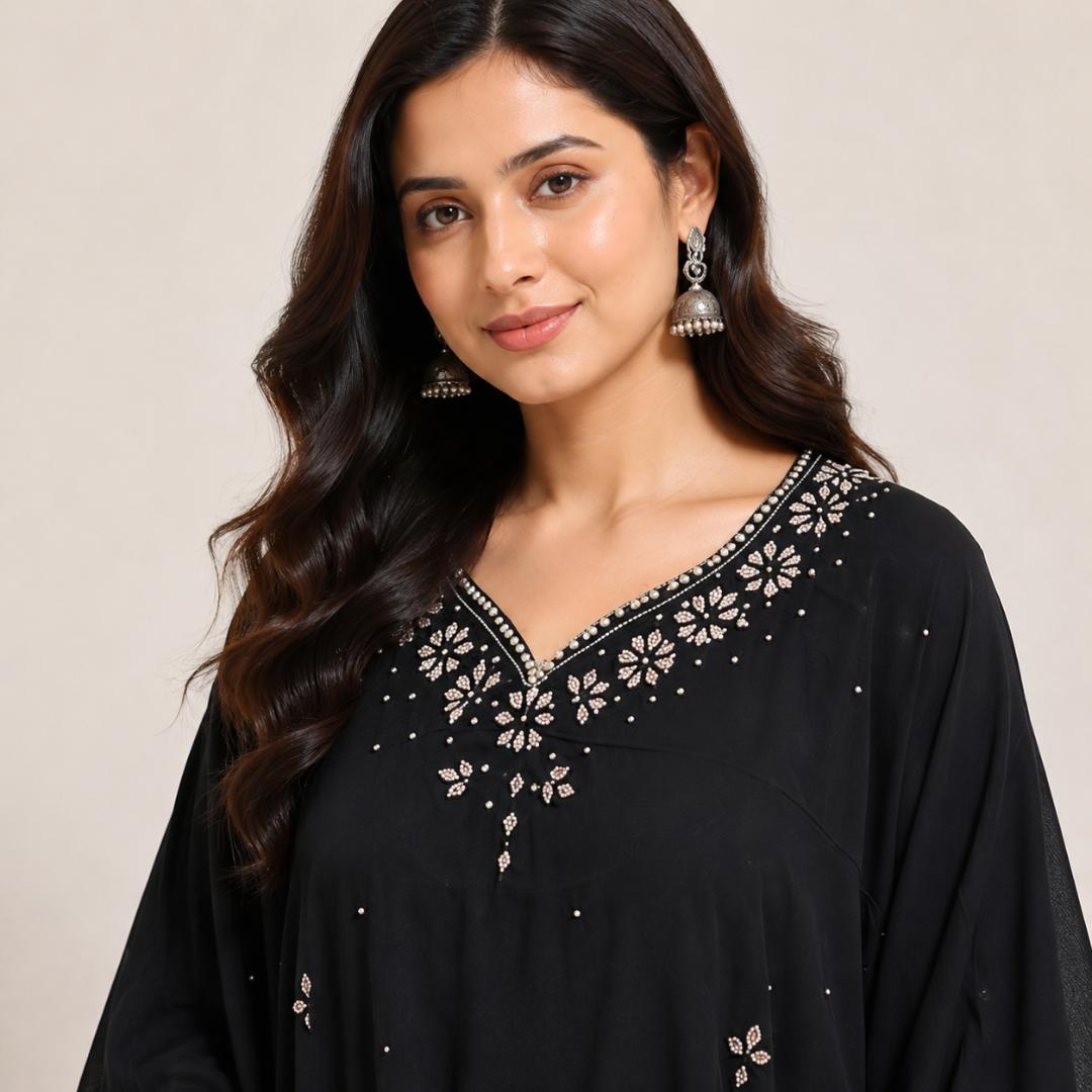 Noir Pearl Embellished Kaftan Gown