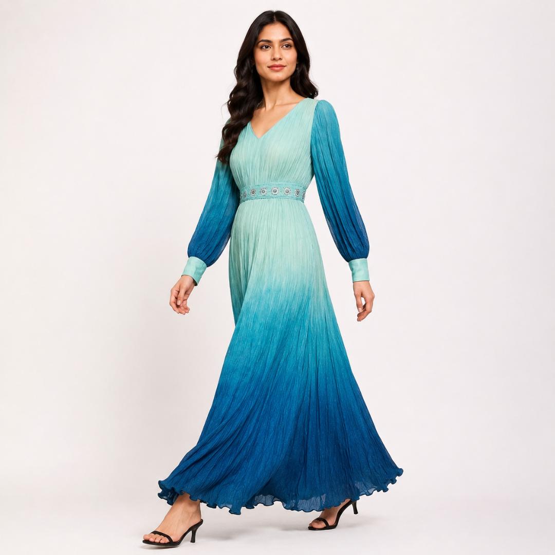 Ocean Blue Ombre Pleated Maxi Dress 