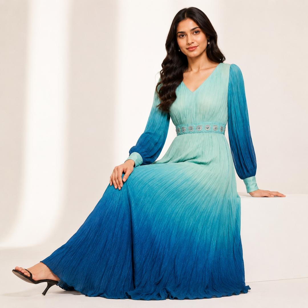Ocean Blue Ombre Pleated Maxi Dress 