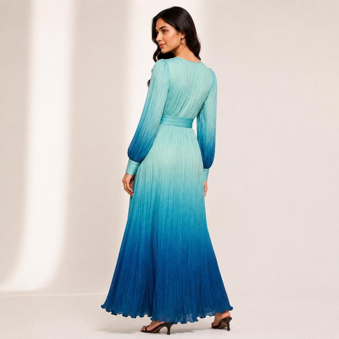 Ocean Blue Ombre Pleated Maxi Dress 