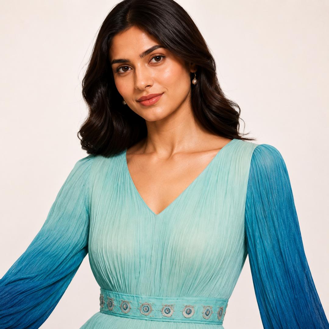 Ocean Blue Ombre Pleated Maxi Dress 