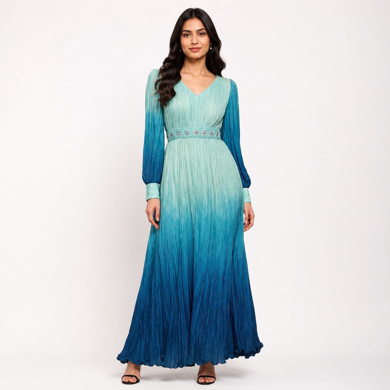 Ocean Blue Ombre Pleated Maxi Dress 