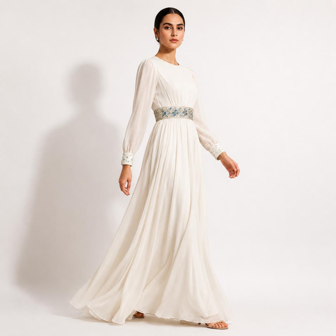 Off White  Royal Embellished Waist Maxi Gown