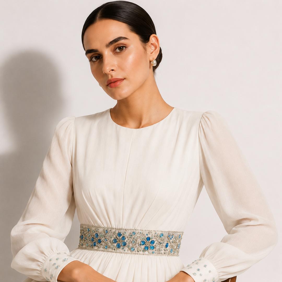 Off White  Royal Embellished Waist Maxi Gown