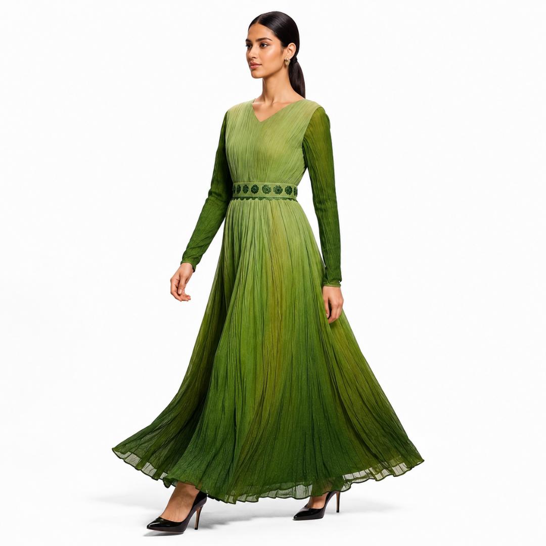 Olive Green Pleated Maxi Dress with Embroidered Belt