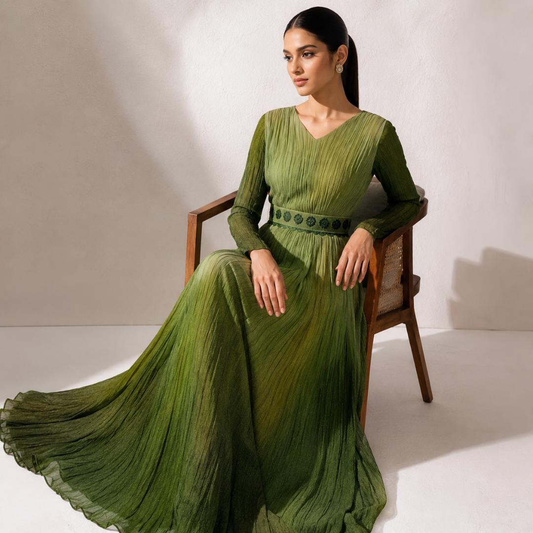 Olive Green Pleated Maxi Dress with Embroidered Belt