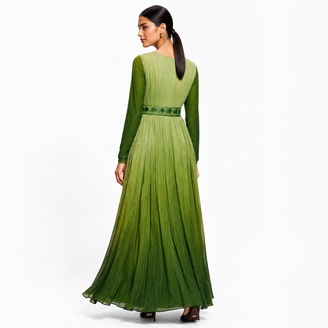 Olive Green Pleated Maxi Dress with Embroidered Belt