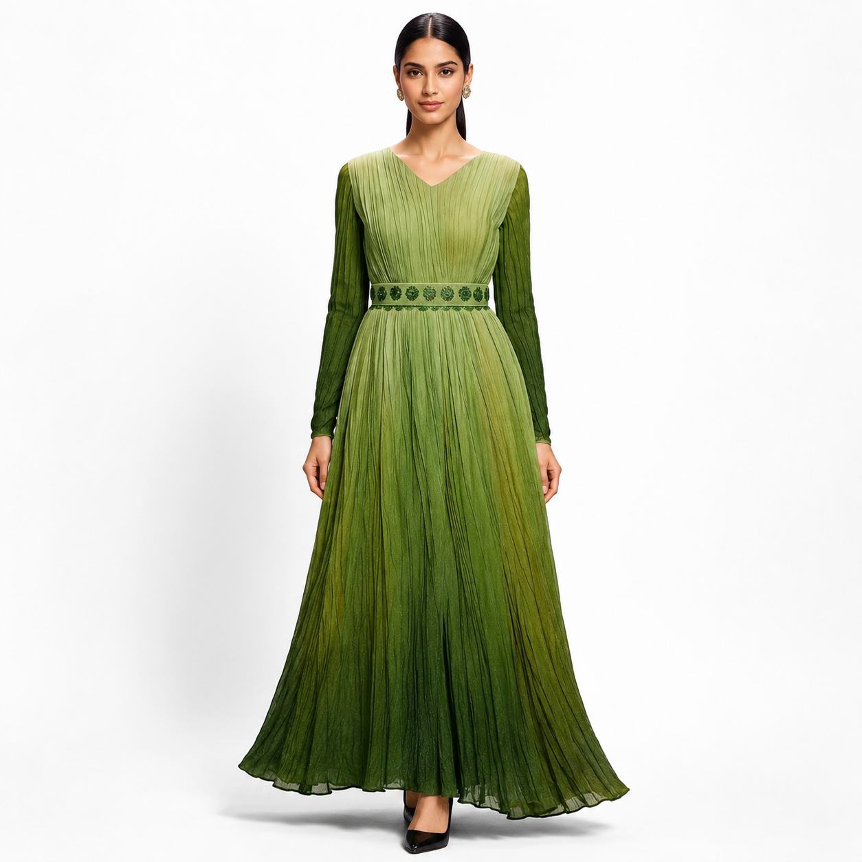 Olive Green Pleated Maxi Dress with Embroidered Belt