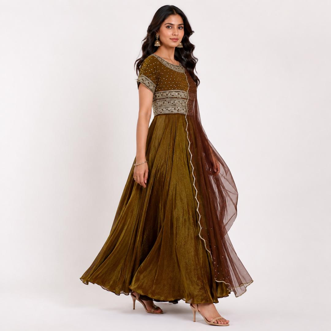 Olive Mocha Embroidered Anarkali Gown Set