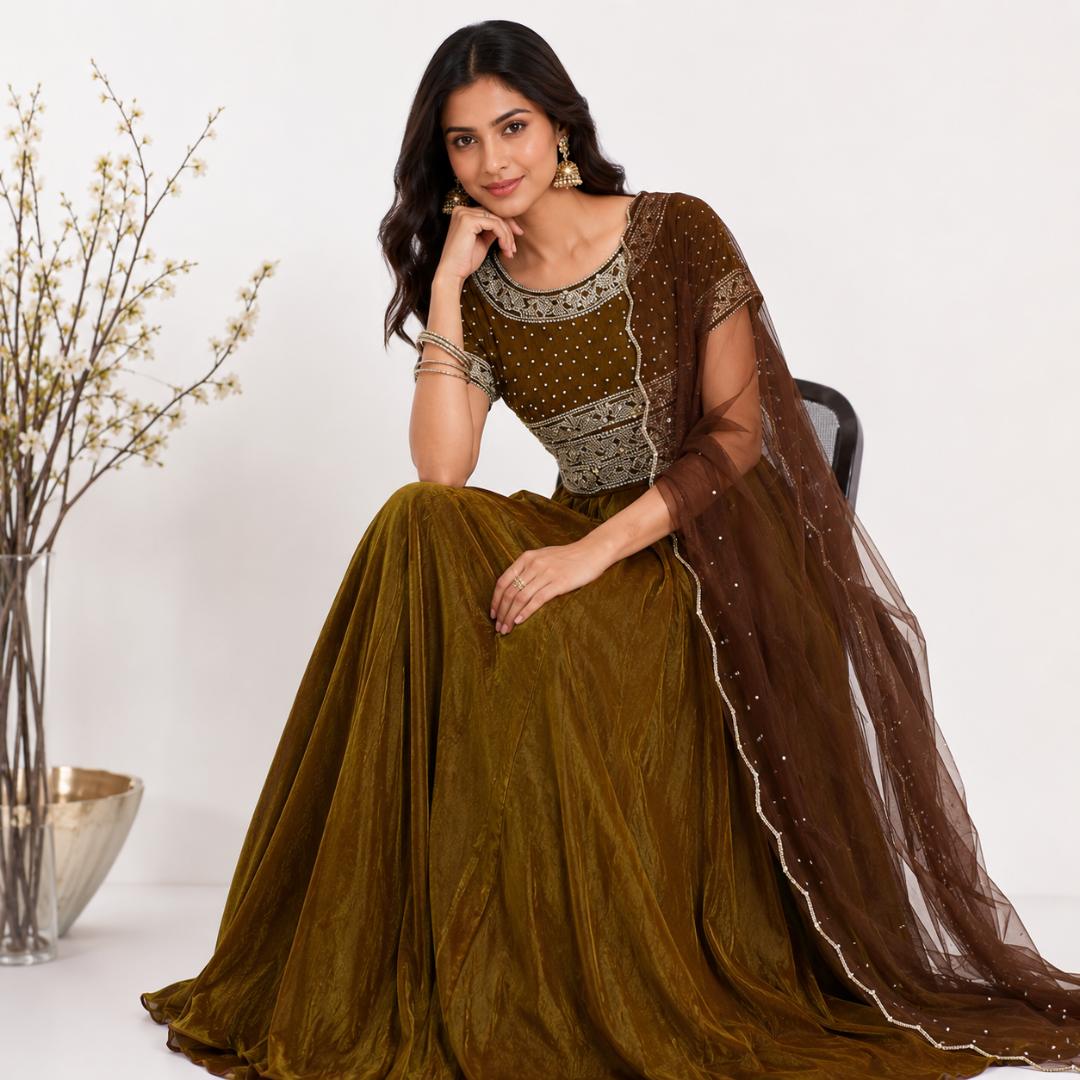 Olive Mocha Embroidered Anarkali Gown Set