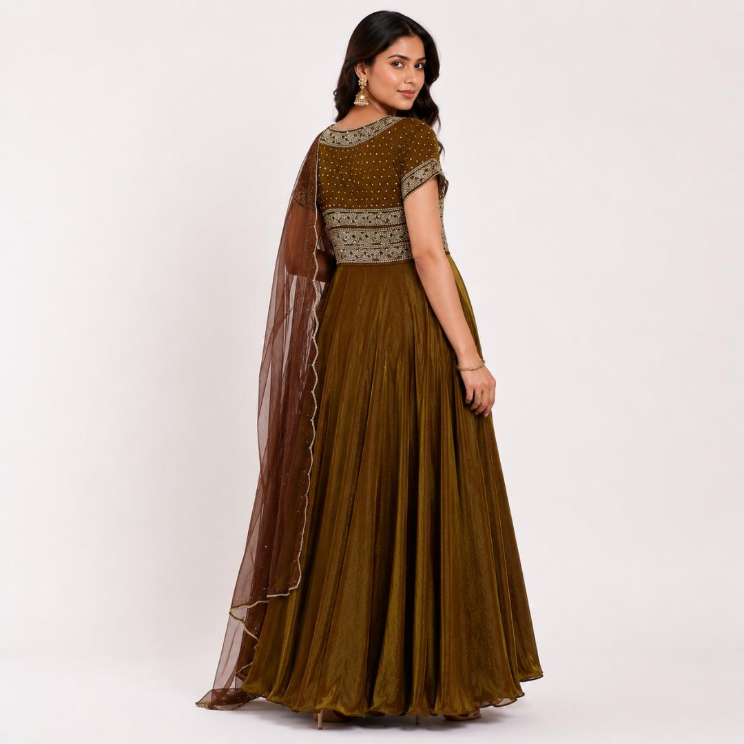 Olive Mocha Embroidered Anarkali Gown Set