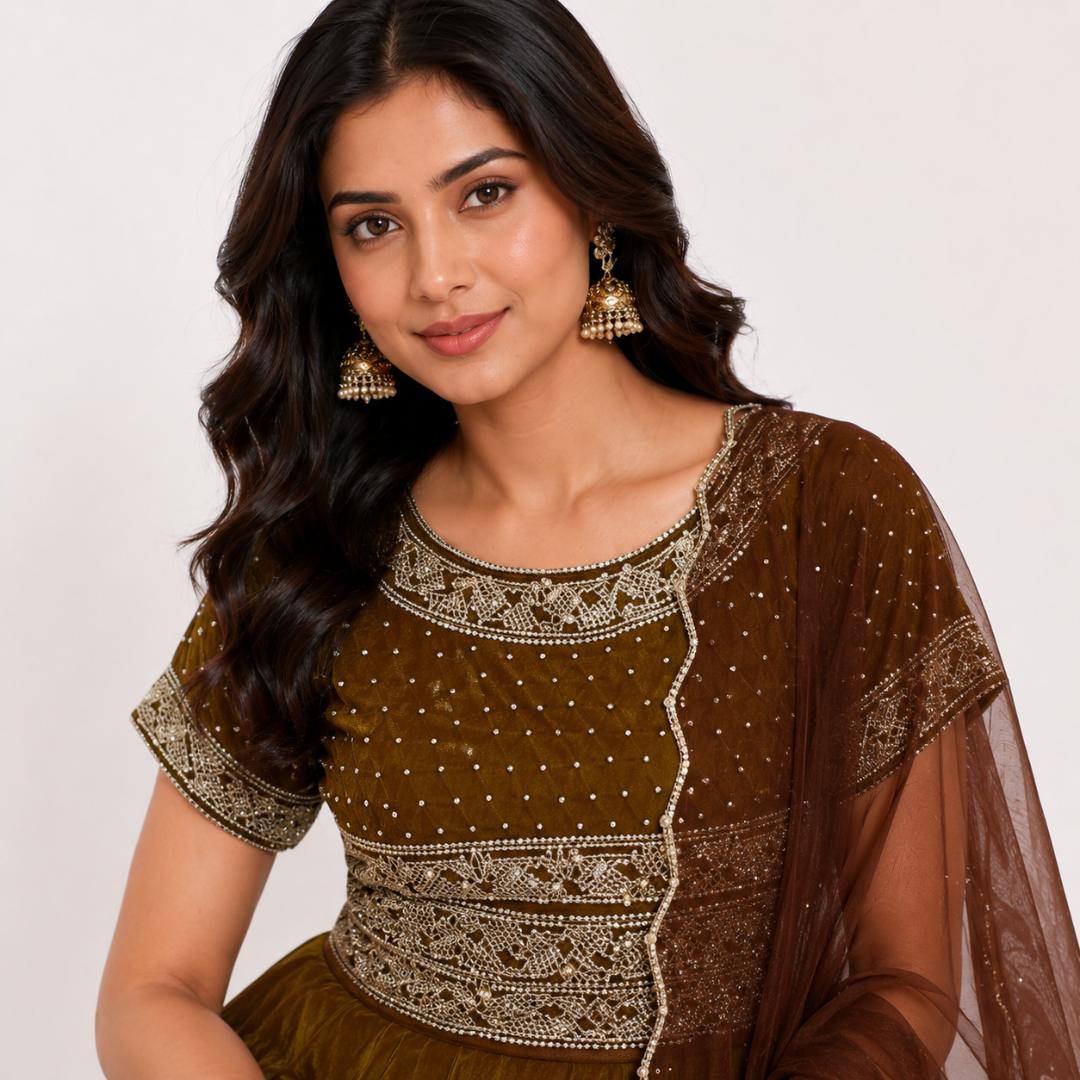 Olive Mocha Embroidered Anarkali Gown Set