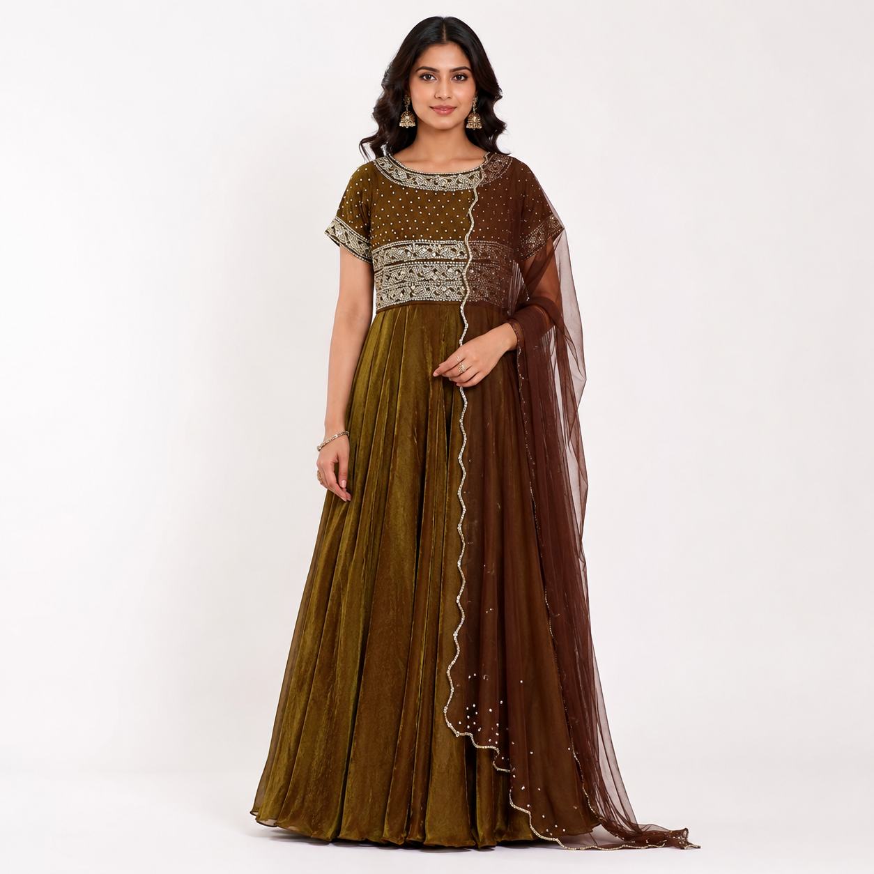 Olive Mocha Embroidered Anarkali Gown Set
