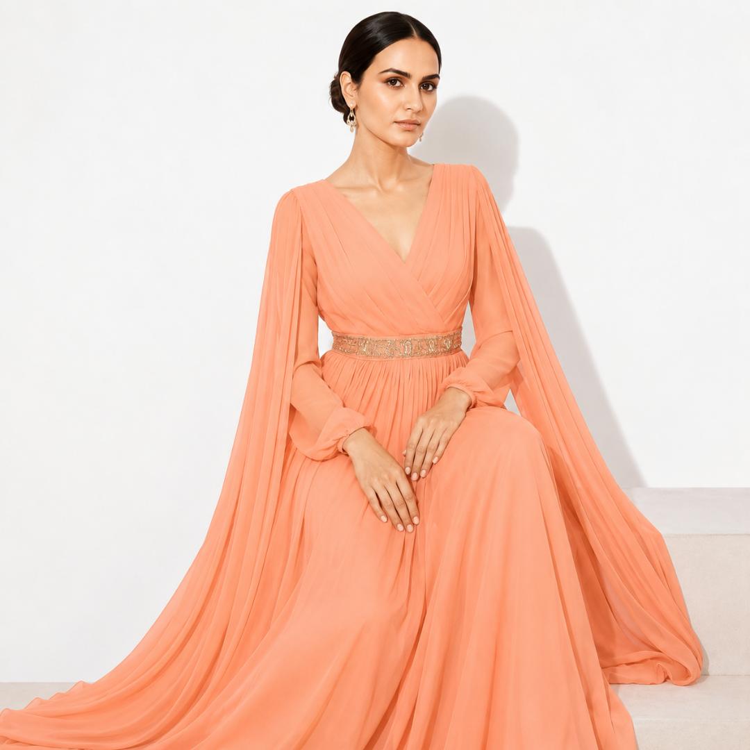 Peach Pleated Cape Sleeve Maxi Gown