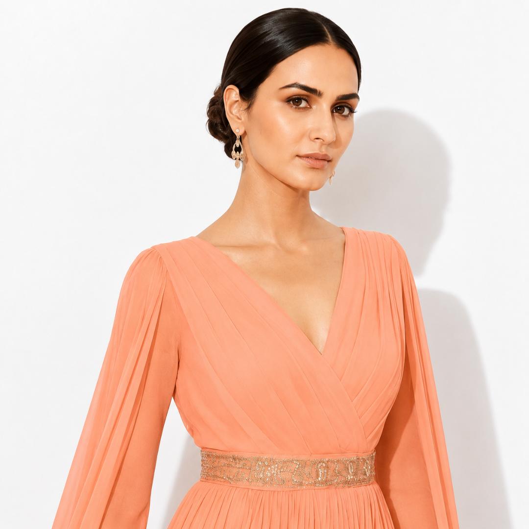 Peach Pleated Cape Sleeve Maxi Gown