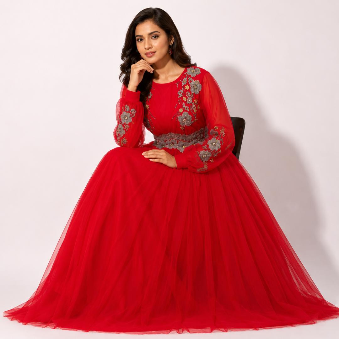 Red Ball Gown for Women | Floral Embroidered Bishop Sleeve Gown