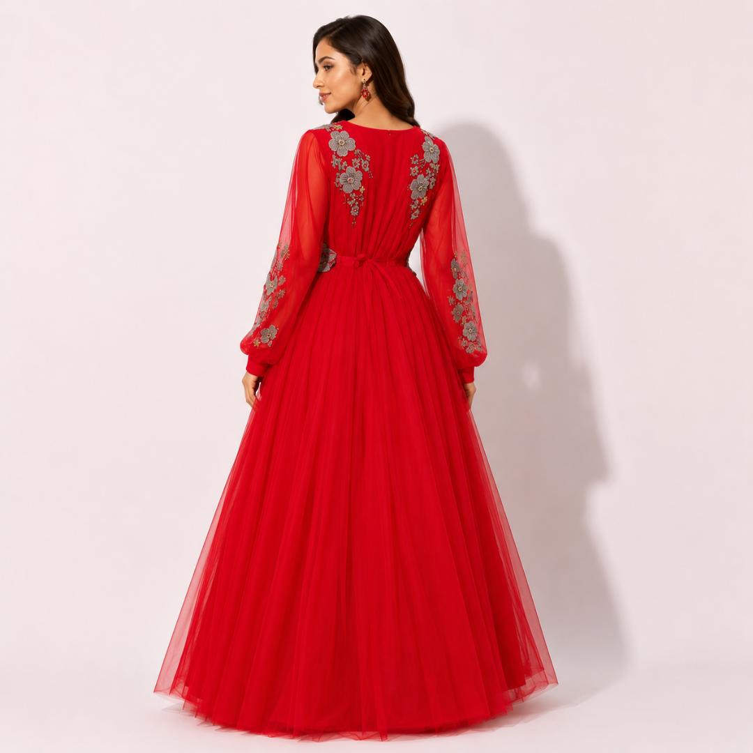 Red Ball Gown for Women | Floral Embroidered Bishop Sleeve Gown