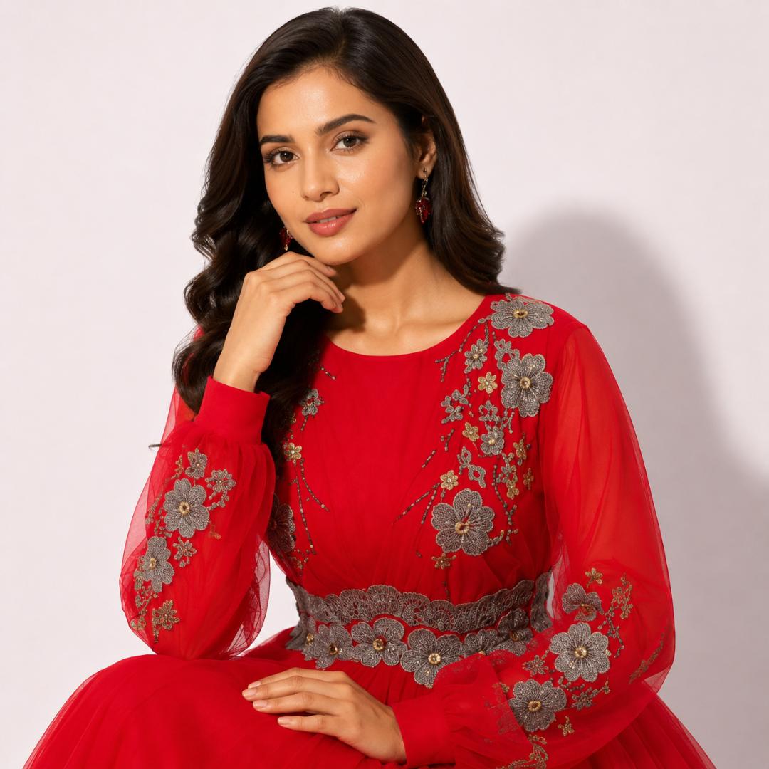 Red Ball Gown for Women | Floral Embroidered Bishop Sleeve Gown
