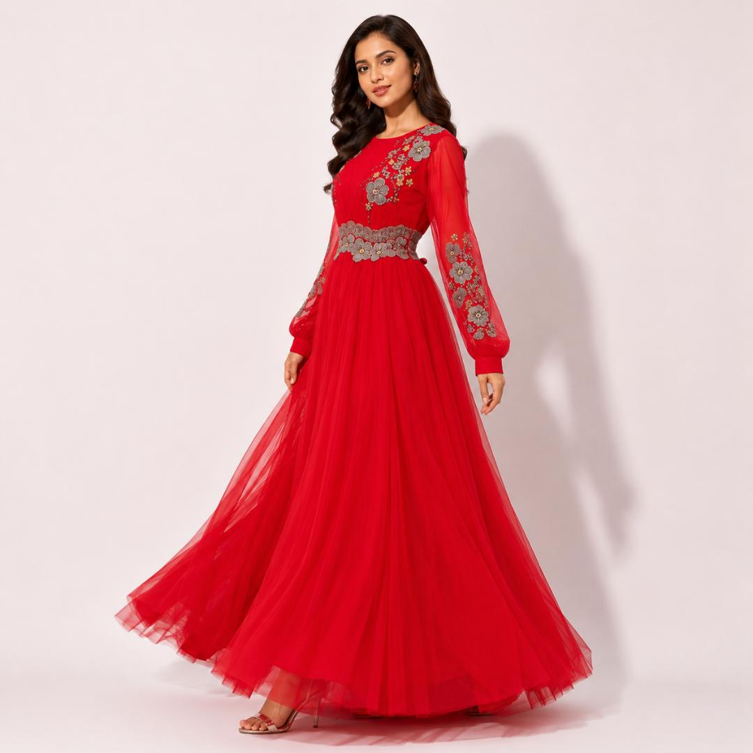 Red Ball Gown for Women | Floral Embroidered Bishop Sleeve Gown