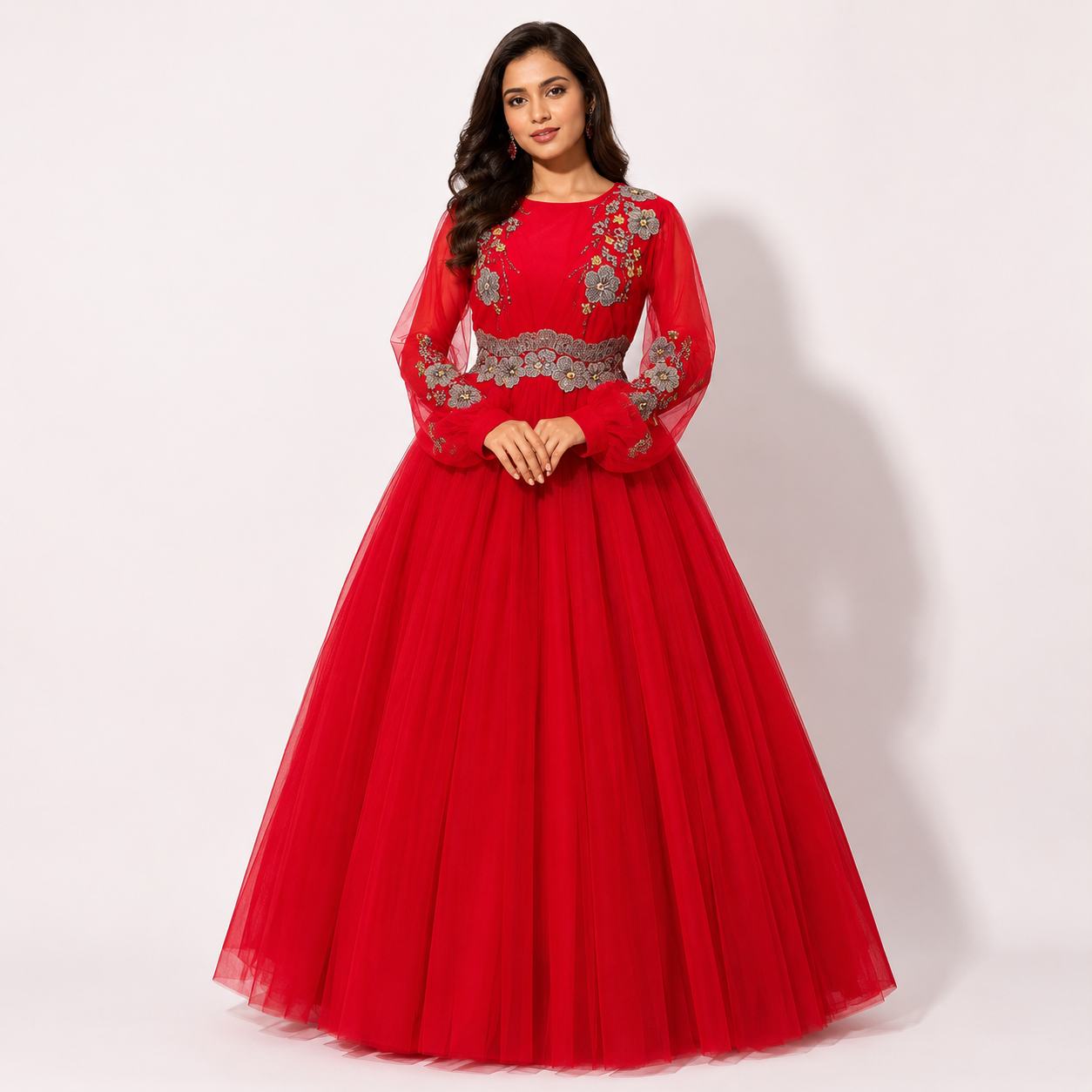 Red Ball Gown for Women | Floral Embroidered Bishop Sleeve Gown