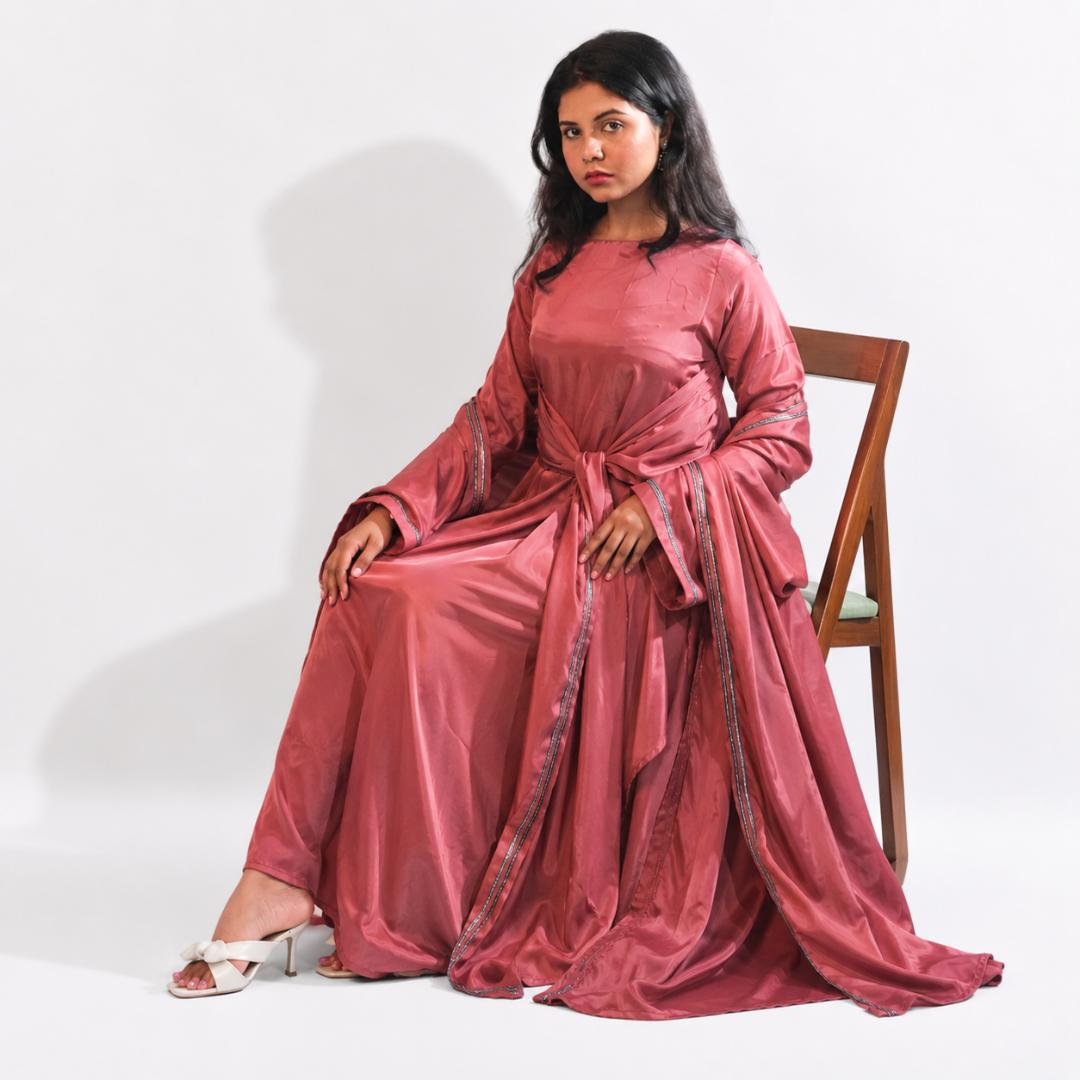 Rose Satin Flow Abaya Set