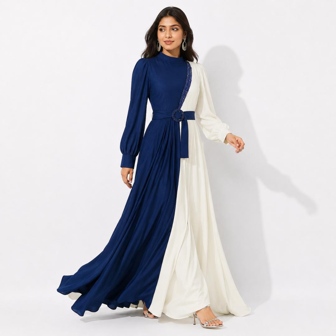 Royal Blue & Ivory Contrast High Neck Maxi Gown with Embellished Belt Detail