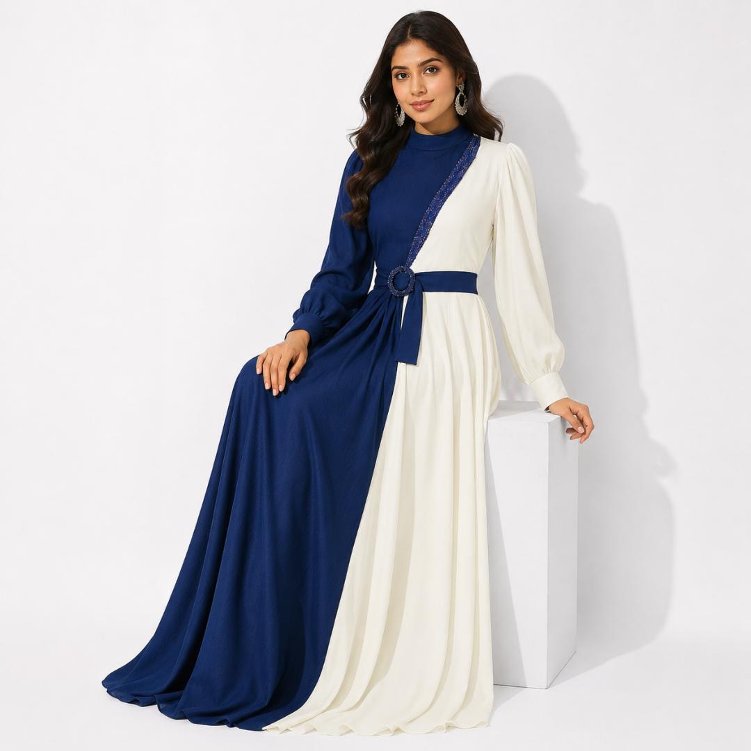 Royal Blue & Ivory Contrast High Neck Maxi Gown with Embellished Belt Detail