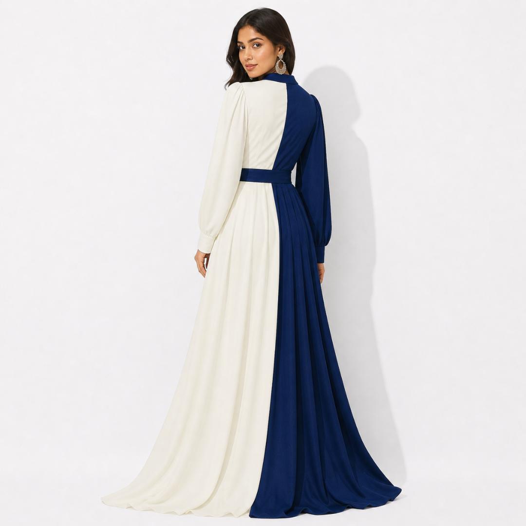 Royal Blue & Ivory Contrast High Neck Maxi Gown with Embellished Belt Detail