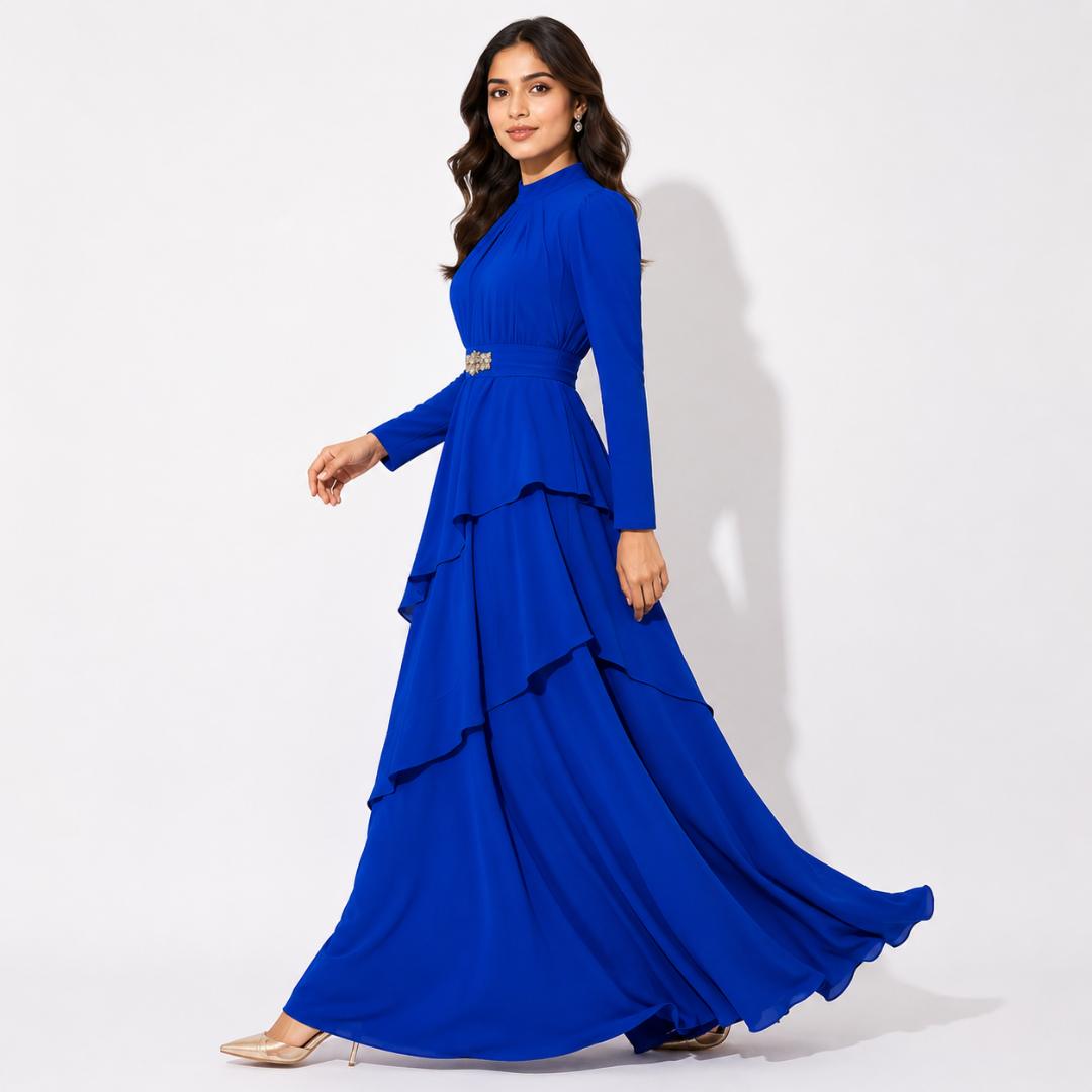 Royal Blue Layered Ruffle Maxi Gown with Embellished Waist Detail