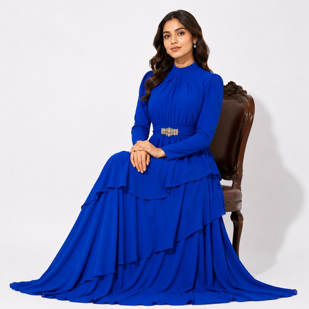 Royal Blue Layered Ruffle Maxi Gown with Embellished Waist Detail